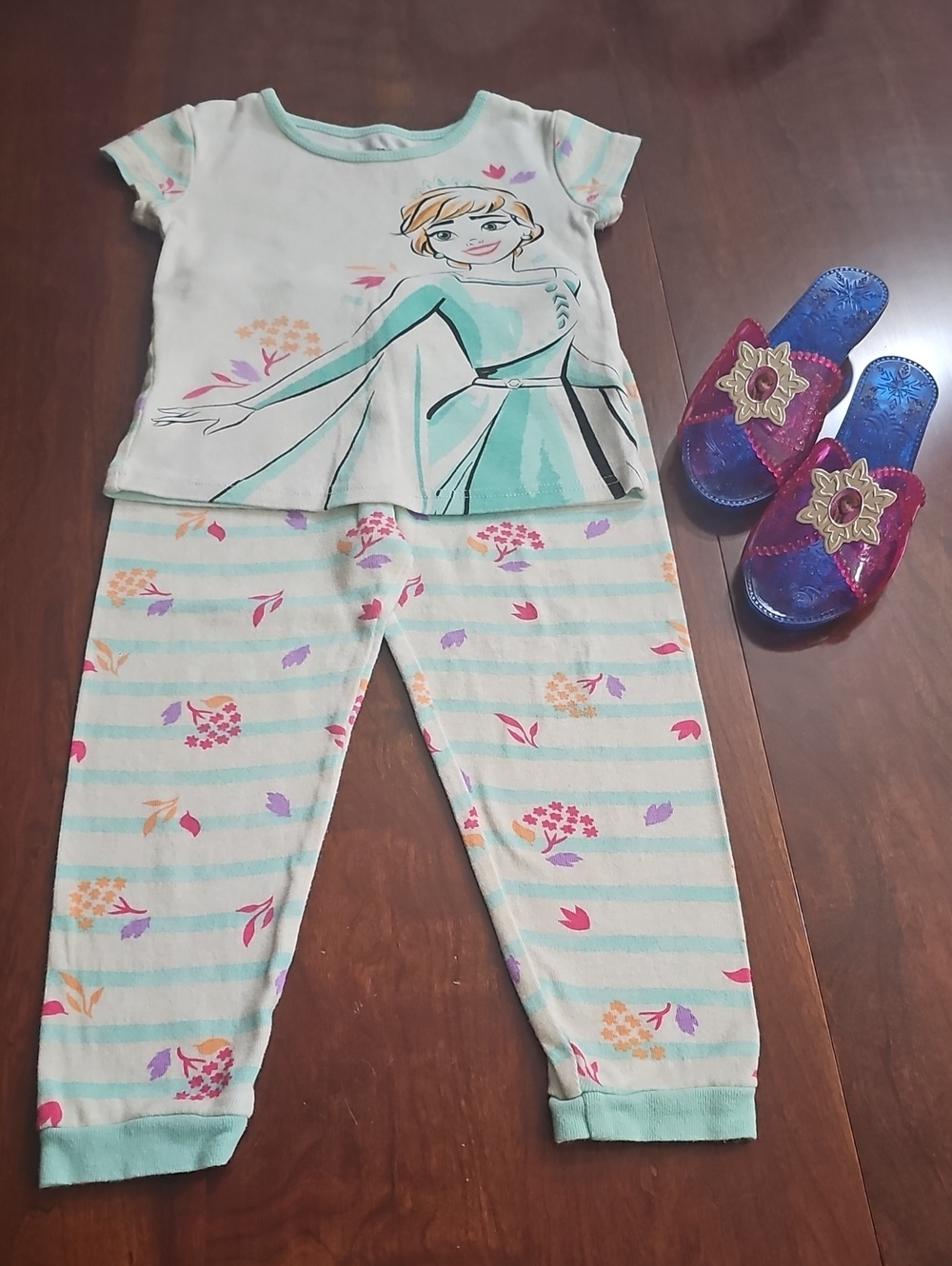 Disney Mint Green Anna Graphic Pajama Set with Floral Stripes